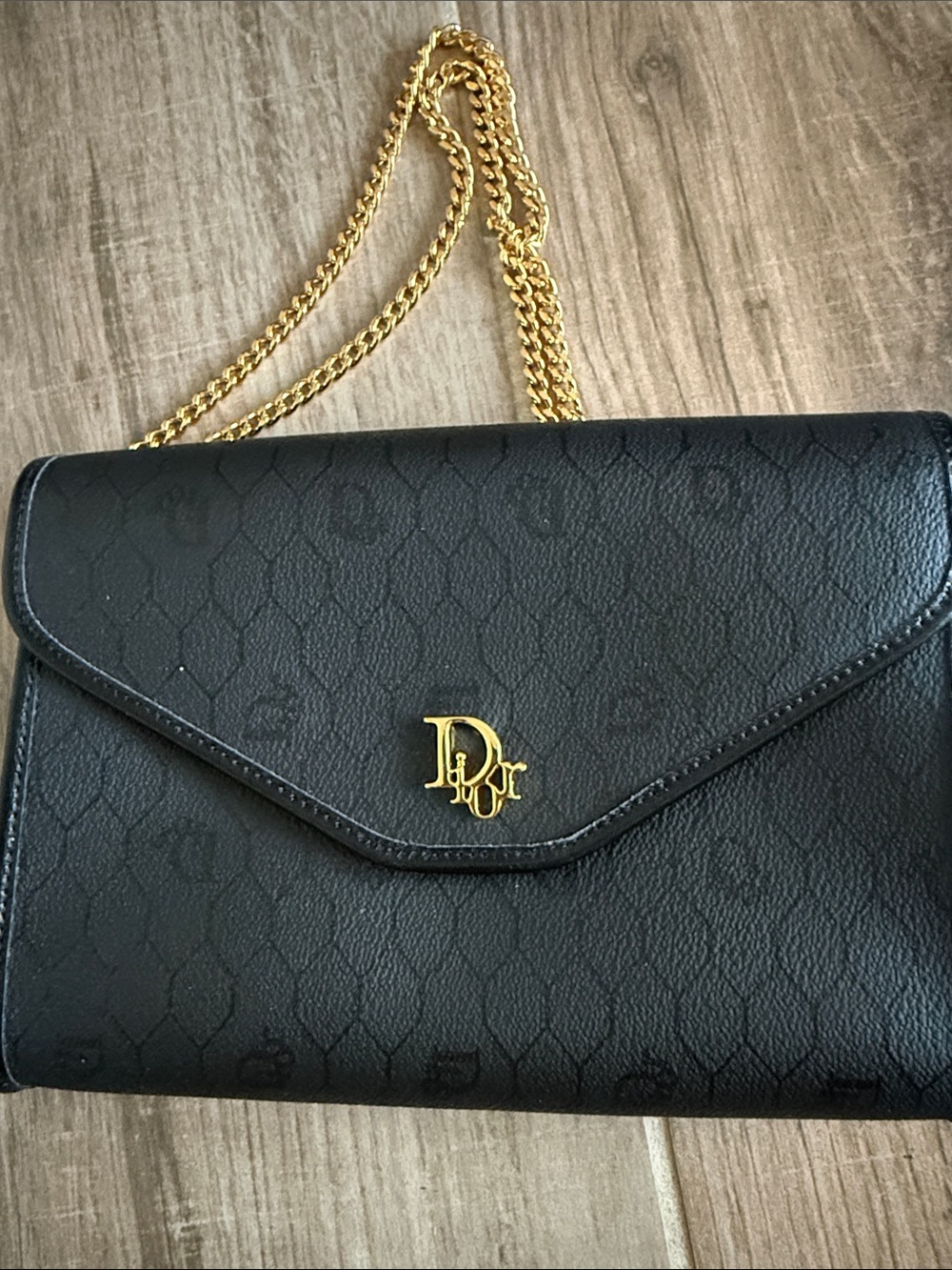 Dior Black Leather Envelope Clutch with Gold 'Dior” Emblem